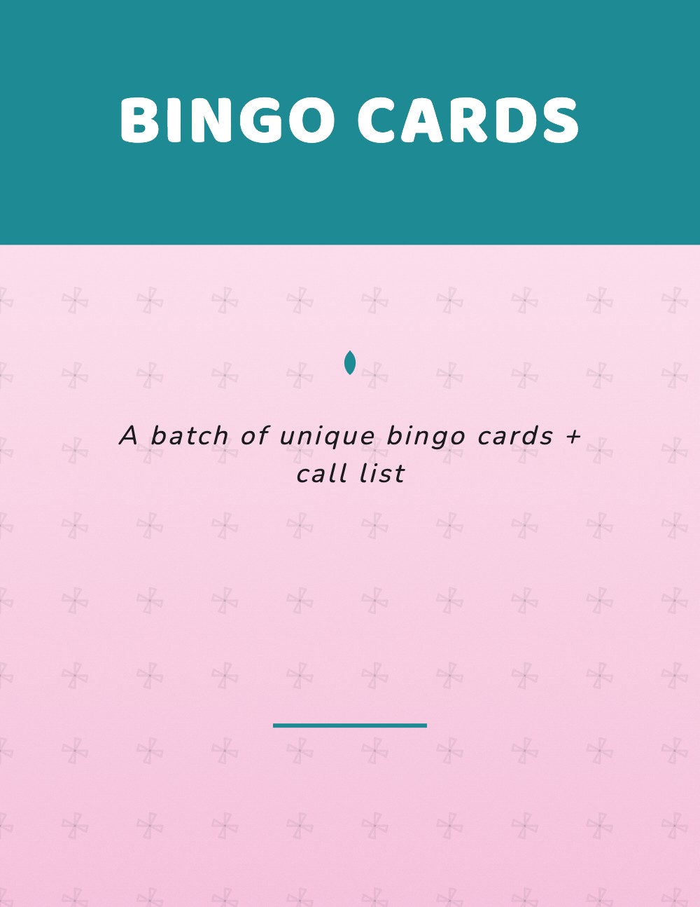 Generated classroom bingo cover, teal title banner over a soft pink patterned background