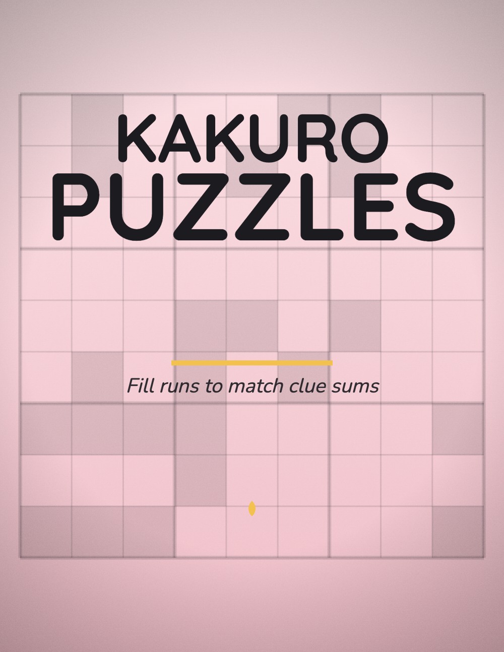 Generated kakuro puzzle book cover, blush pink background with a kakuro grid motif and gold rule
