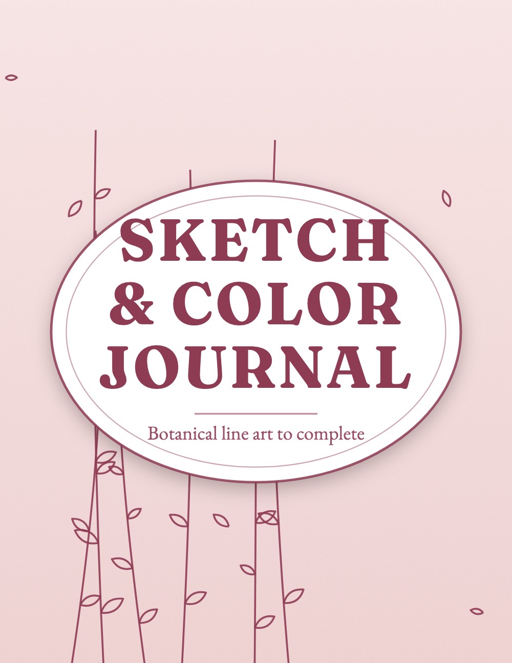 Generated sketch and color journal cover, blush pink background with a botanical vine frame around an oval title plate