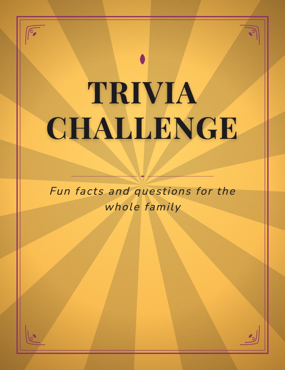 Generated trivia puzzle book cover, golden sunburst background with a purple-bordered title plate