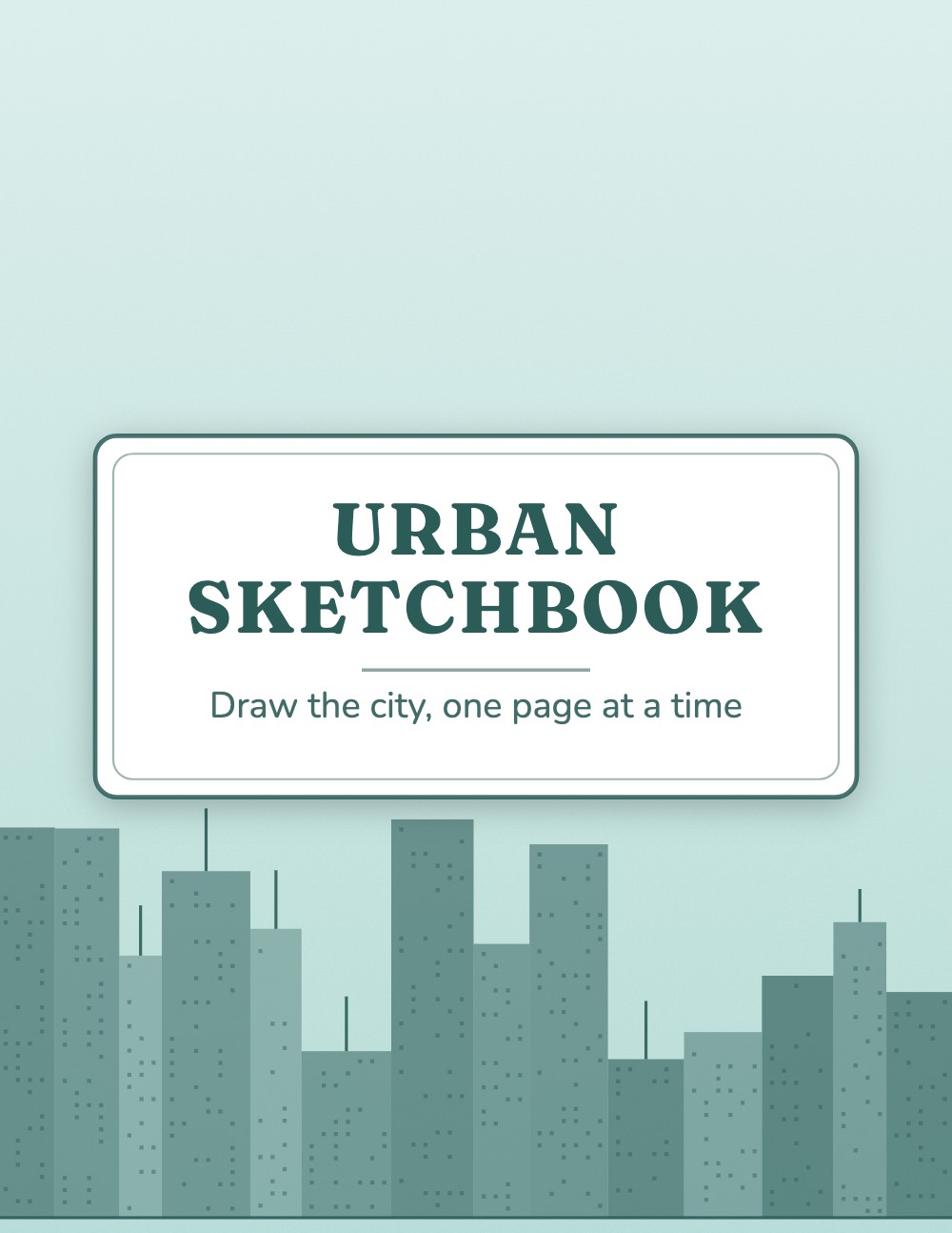 Generated urban sketchbook cover, soft mint background with a sage green city skyline silhouette