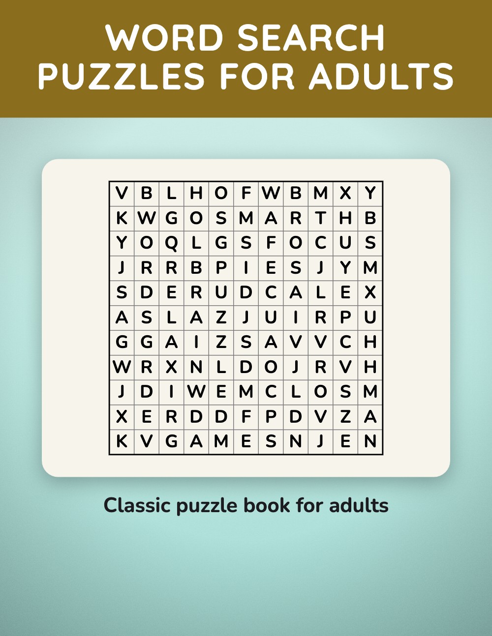 Generated word search puzzle book cover, mint green background with an olive-gold title banner and a real letter grid on a cream card